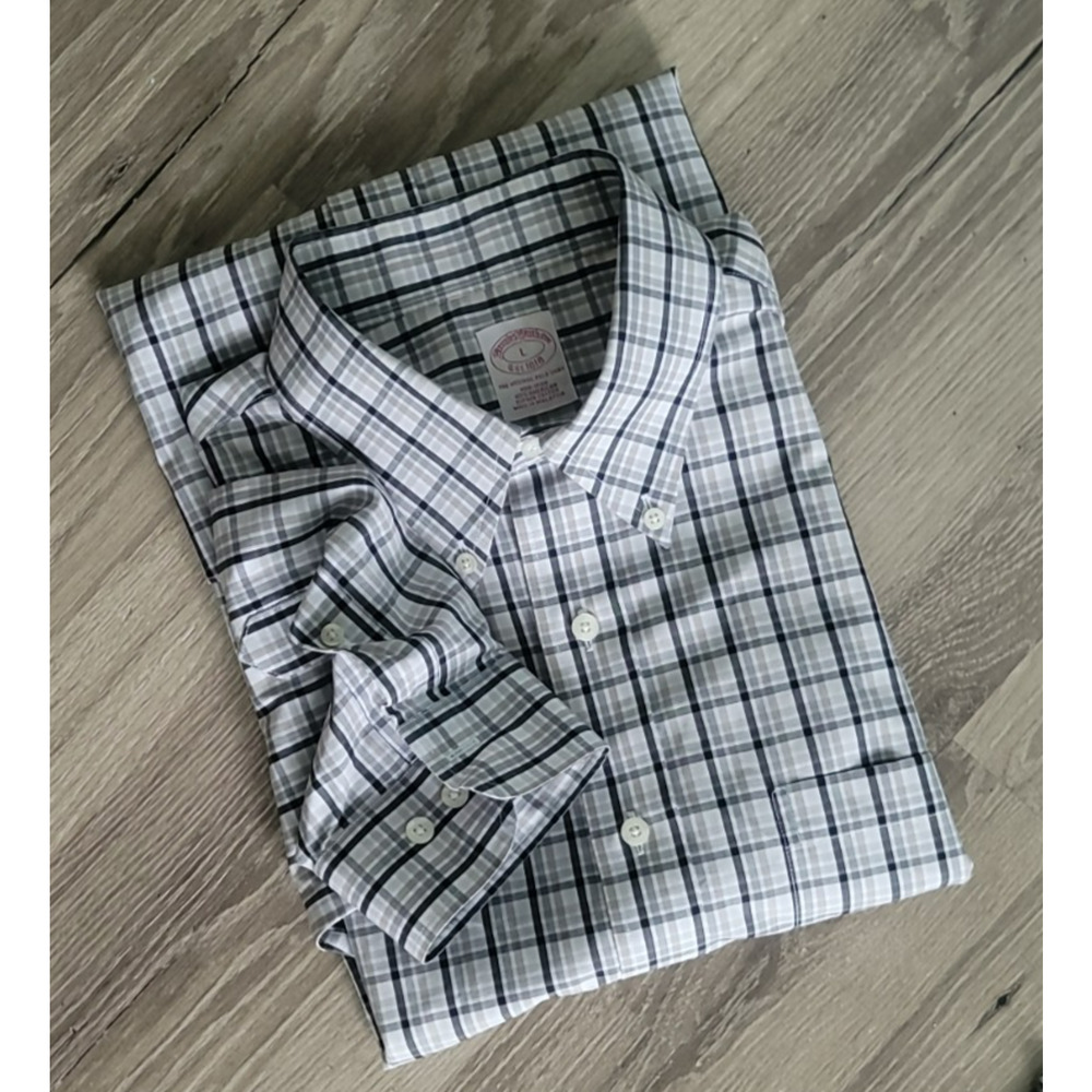 Brooks Brothers Mens L Shirt Supima Cotton Non-Iron Spread Collar Check